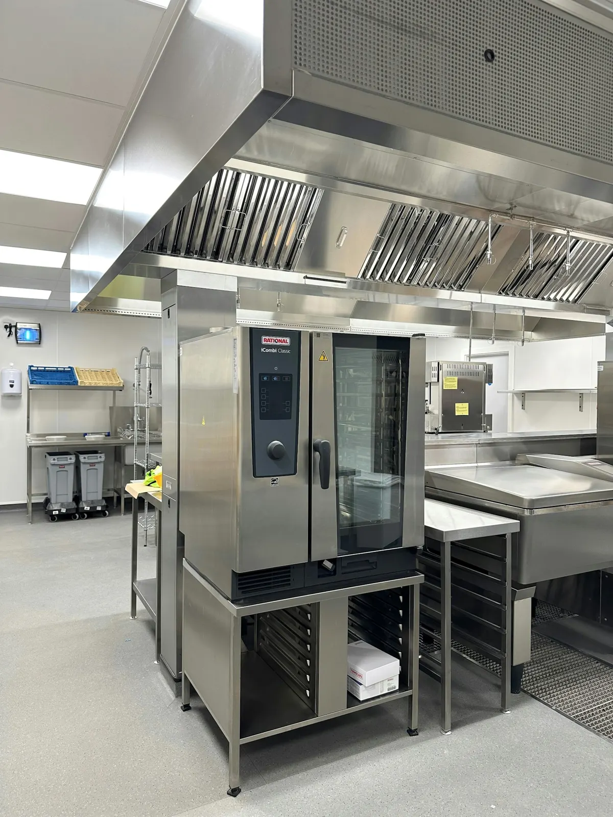 Four professionnel sous une hotte d'extraction en inox